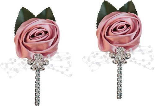 Miniatura 2 de Boutonniere de flores artificiales, paquete de 2 piezas para boda, tela de seda sintética, rosa Boutonniere para iglesia, boda, equipo, novio, Rosa
