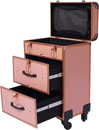 Miniatura 17 de Estuche de maquillaje con ruedas para cosméticos, carrito grande para cosméticos con cerraduras, organizador de almacenamiento de cosméticos, Negro