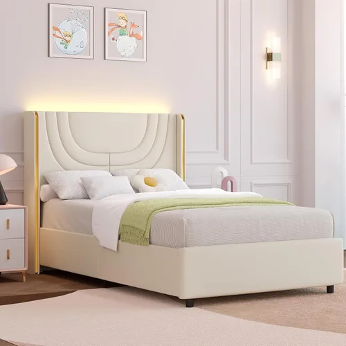 Miniatura 8 de REVOMINCA Base de cama individual con luces LED, plataforma tapizada de piel sintética con cabecera de ala plateada, estilo moderno, no necesita