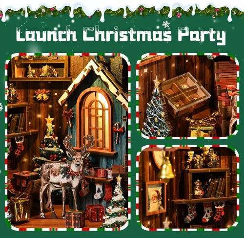 Miniatura 6 de Kits de rincón de libros de Navidad para adultos, rompecabezas de madera 3D, kit de casa en miniatura para decoración de estantería con luces LED