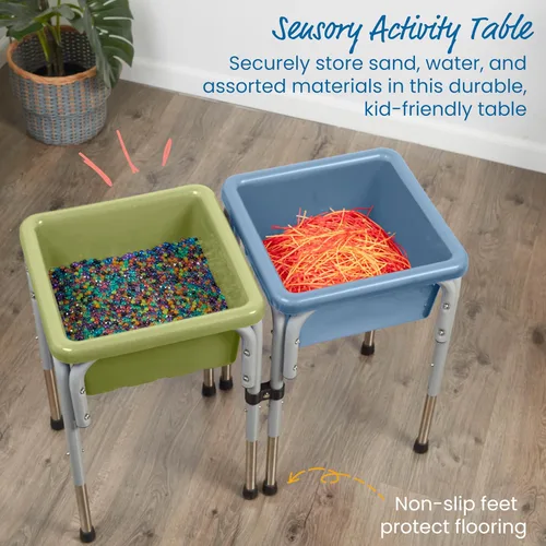 Miniatura 4 de ECR4Kids Mesa de juego ajustable de arena y agua de 2 estaciones, con recipientes sensoriales, Verde helecho/Azul polvoriento