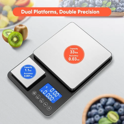 Miniatura 8 de KUAIVO Báscula de cocina de doble plataforma de 0.001 onzas / 33 libras, báscula digital de alimentos con dos superficies de precisión, pantalla