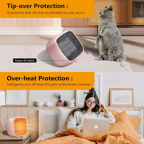 Miniatura 5 de YOUCIDI - Calentador eléctrico de cerámica portátil de 1000 W/800 W, calentador pequeño compacto, se calienta en 2 segundos, seguro y silencioso Rosa