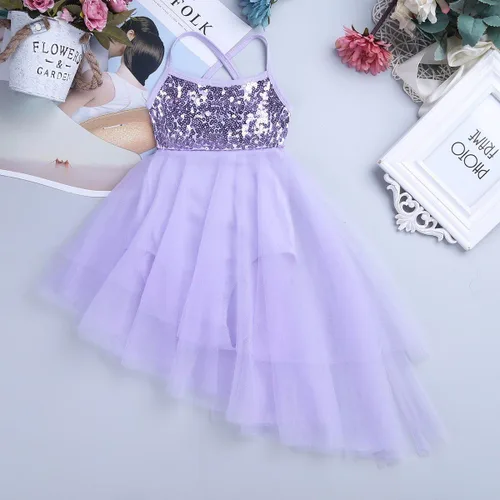 Miniatura 7 de TiaoBug Niñas Lentejuelas Dobladillo Irregular Baile Latino Traje Lírico Ballet Vestido Leotardo Falda Gasa Brillante Hada Danza