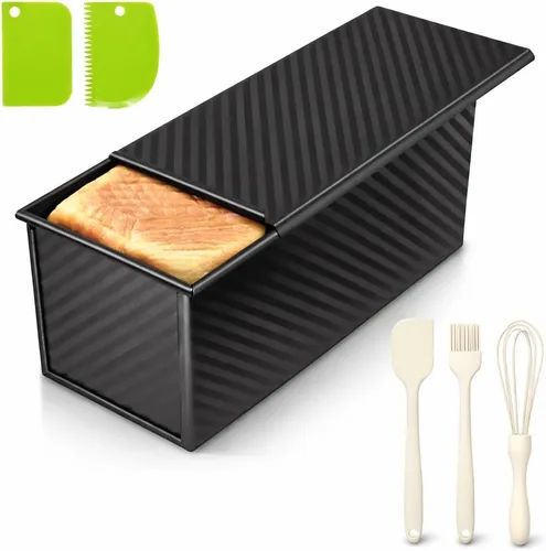 Miniatura 13 de Paquete de 2 moldes para pan con tapas, capacidad de masa de 1 libra, molde para pan Pullman de acero al carbono antiadherente para sándwich casero