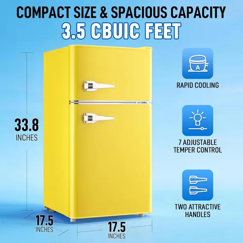 Miniatura 5 de WANAI Mini refrigerador de 2 puertas y 2 manijas con congelador en la parte superior, espacioso refrigerador pequeño de 3.5 pies cúbicos con Amarillo