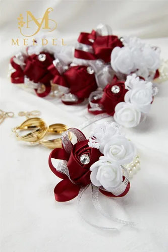 Miniatura 7 de Juego de 4 ramilletes de muñeca color borgoña para boda, juego de ramilletes rojo vino rosa para baile de graduación, novia, dama de honor, niña, 4