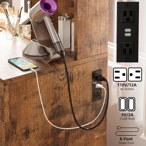 Miniatura 5 de IRONCK Juego de escritorio de tocador con espejo grande con luz LED y toma de corriente, 7 cajones, tocadores, mesa de maquillaje con banco