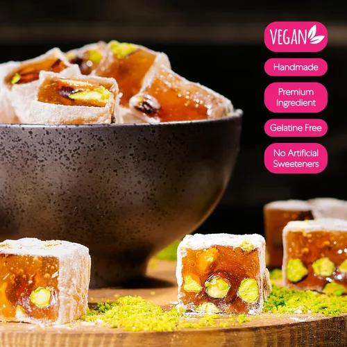 Miniatura 4 de Hazer Baba Delicias Turcas con Pistacho, Caja de bocadillos gourmet, Tradicional, Bocadillo vegano, Lokum turco, Dulces únicos, Loukumi, Delicias