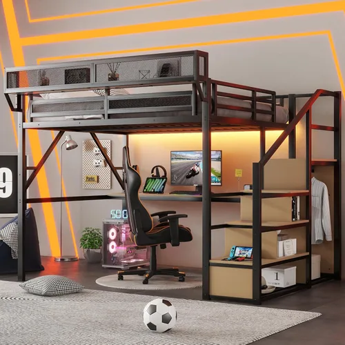 Miniatura 21 de Base de cama Queen Loft con escaleras y almacenamiento, marco de cama de metal resistente, capacidad de 800 libras, para adultos y adolescentes