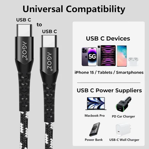Miniatura 2 de AGOZ Paquete de 3 cables USB C de 4 pies 6 pies 10 pies, cable trenzado para Samsung Galaxy S26 S25 S24 S23 S22 S21 A15 A16 A17 A36 A54, Motorola