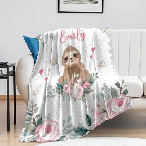 Miniatura 5 de Manta personalizada para niñas con nombre, manta personalizada de perezoso y mariposa, manta de forro polar suave para recién nacidos, baby shower