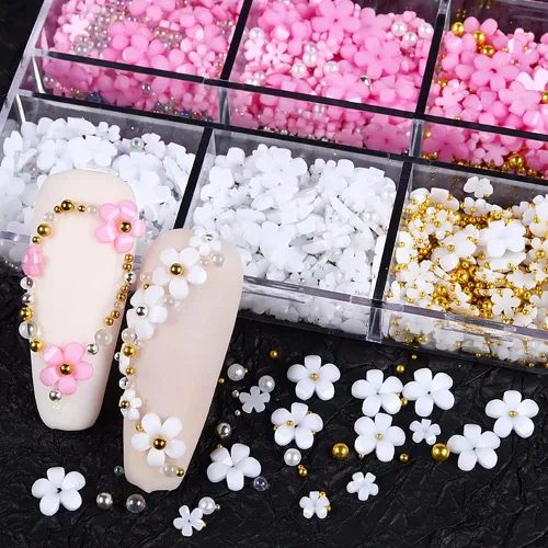 Miniatura 6 de Dijes para uñas de flores 3D, kit de decoración de uñas de 2 cajas con diamantes de imitación acrílicos 3D, lámina de uñas holográfica iridiscente