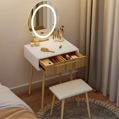 Miniatura 2 de Tocador pequeño con espejo y luces, tiradores de madera con taburete acolchado, 3 modos de iluminación, mesa redonda de maquillaje con rieles