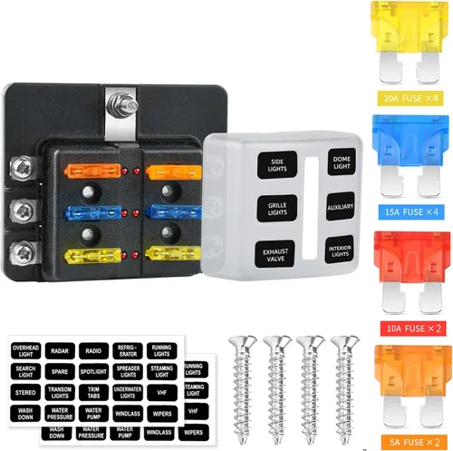 Bloque de fusibles de 6 vías, fusible de hoja de 12 V, 6 circuitos, ATC/ATO, impermeable, soporte para caja de fusibles con indicador LED, cubierta