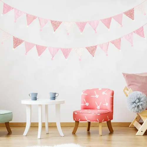 Miniatura 3 de Zwiebeco Banderines de 10.5 pies, color rosa y blanco, banderines de tela, pompones, guirnalda triangular para compromiso, boda, fiesta