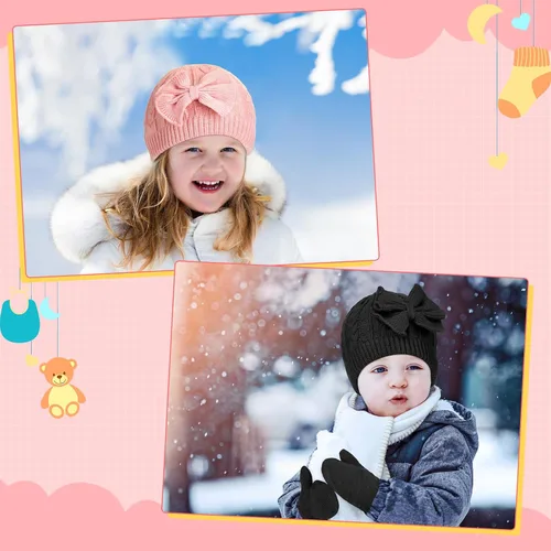 Miniatura 4 de SATINIOR 3 Set Toddler Hat Glove Set, Kids Winter Hats Warm Knitted Beanie Mittens Gloves with Bow for Baby Girls Boys 0-6Y