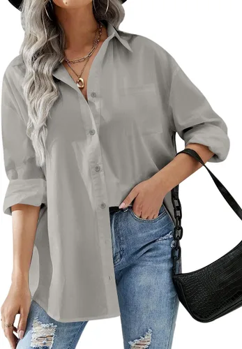 Miniatura 9 de HOTOUCH Camisas de gran tamaño con botones para mujer, blusa de hombro caída para oficina, de manga larga, estilo novio, camisa de vestir