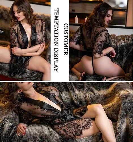 Miniatura 2 de Avidlove - Bata de noche tipo kimono para mujer, de encaje floral, camisón de malla transparente, lencería tipo babydoll