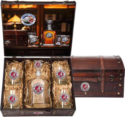 Heritage Pewter Alabama Capitol - Juego de baúl | Recipiente de líquido de 24 onzas con 4 vasos de agua | Vidrio de peltre elaborado por expertos