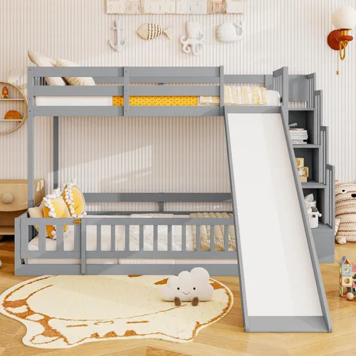 Miniatura 35 de Litera de casa individual sobre cama individual con tobogán convertible y nido, litera de madera maciza con techo y ventana para niños, verde-blanco