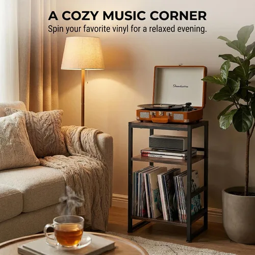 Miniatura 5 de Soporte para tocadiscos de vinilo de 3 niveles, mesa auxiliar para almacenamiento de álbumes, soporte para tocadiscos de 28 pulgadas de alto