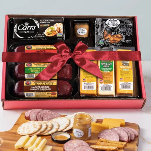 Miniatura 2 de Cesta de regalo para fiestas: cuenta con salchichas ahumadas de verano 100% Wisconsin, galletas saladas, pretzels y mostaza, perfecta para fiestas