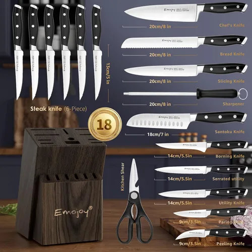 Miniatura 2 de Emojoy Juego de cuchillos de cocina de 18 piezas con bloque de madera, afilado manual para juego de cuchillos de chef, acero inoxidable alemán