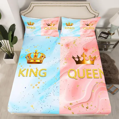Miniatura 36 de Sábana bajera ajustable King Crown vintage negro y gris, sábanas románticas para el día de San Valentín, tamaño individual para mujeres, regalos