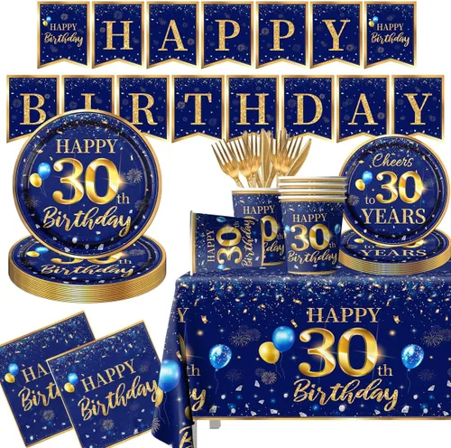 Decoración de 30 cumpleaños para hombres - Juego de 142 piezas de vajilla de cumpleaños azul marino y dorado (sirve para 20) Incluye pancarta feliz