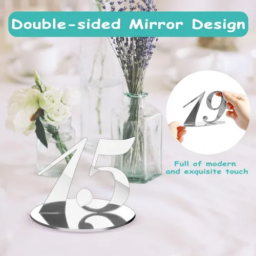 Miniatura 3 de Rely2016 - Número de mesa de espejo, 1-20 números de mesa de boda con base de soporte, números de mesa de acrílico, tarjeteros, decoración