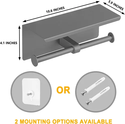 Miniatura 6 de Soporte de papel higiénico doble de acero inoxidable con estante de almacenamiento para teléfono (gris)