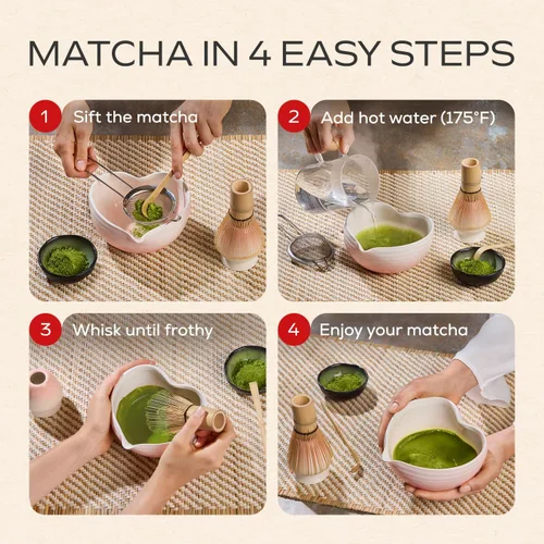 Miniatura 6 de Rehny’s Juego de batidor matcha Juego completo de matcha con cuenco en forma de corazón, batidor de bambú, soporte, tamiz de acero inoxidable