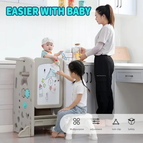 Miniatura 2 de UNICOO Taburete multifuncional para niños con doble riel de seguridad, altura ajustable, torre para niños pequeños para encimera de cocina y baño