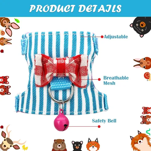Miniatura 6 de SATINIOR Juego de arnés y correa para hámster pequeño, 2 piezas, ropa de conejillo de indias con moño y decoración de campana, chaleco acolchado Azul