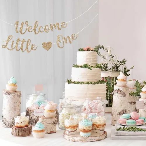 Miniatura 4 de Cartel de bienvenida preencordado con texto en inglés «Welcome Little One», «No hazlo tú mismo» – Cartel dorado con purpurina para fiesta