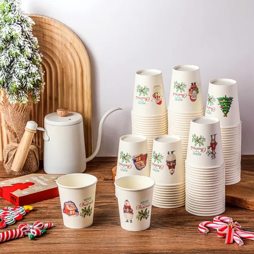 Miniatura 3 de Hotop 120 tazas de Navidad de 9 onzas, árbol de muñeco de nieve de Papá Noel, oso polar, alce, suministros para fiestas, desechables, café, té