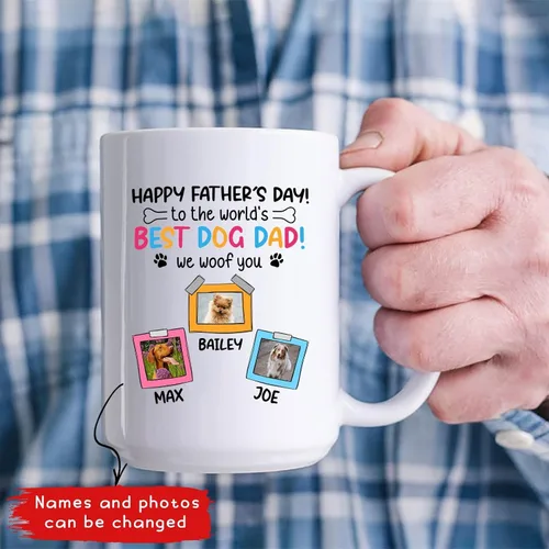 Miniatura 3 de Taza de café blanca personalizada con foto, con texto en inglés «To The World's Best Dog Dad We Woof You», taza de café blanca de 11 onzas y 15