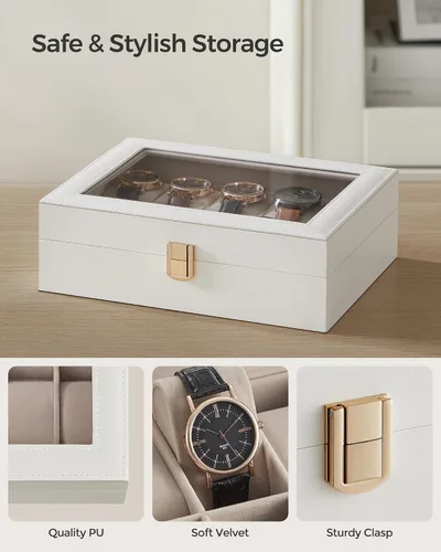 Miniatura 3 de SONGMICS Caja de reloj, regalos de Navidad, caja de reloj de 10 ranuras con tapa de vidrio grande, almohadas de reloj extraíbles, organizador
