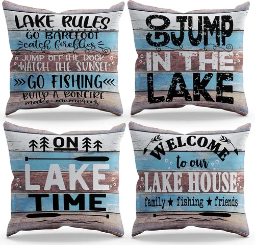 BXFAHZJ Lake Rules Welcome to Our Lake House - Juego de 4 fundas de almohada de 18 x 18 pulgadas, decoración de cabaña de lago para lago, pádel,