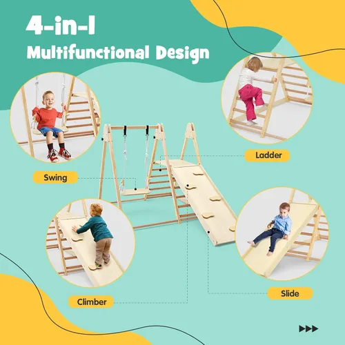 Miniatura 3 de OLAKIDS Gimnasio de la selva para interiores, 4 en 1, plegable de madera Montessori, juguetes de escalada para bebés, con rampa deslizante