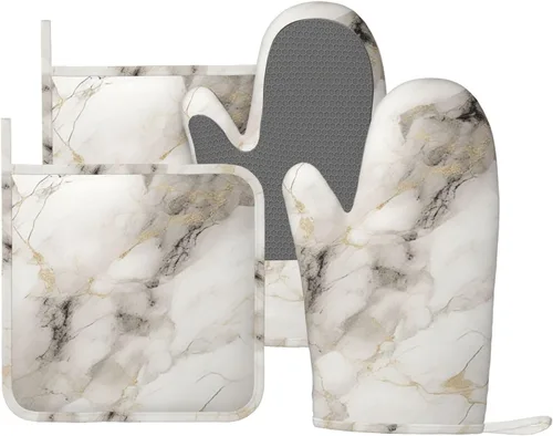 Miniatura 30 de Manoplas de horno y agarradores de ollas de mármol blanco y oro de silicona, accesorios de cocina de 4 piezas, guantes largos resistentes al calor