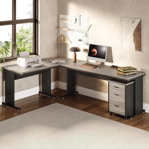 Miniatura 5 de LITTLE TREE Escritorio ejecutivo grande de 82.67 pulgadas de largo en forma de L para computadora con archivador móvil de 3 cajones, mueble
