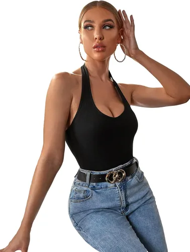 Miniatura 3 de SheIn Camiseta sin mangas con cuello halter para mujer, estilo casual, de punto acanalado
