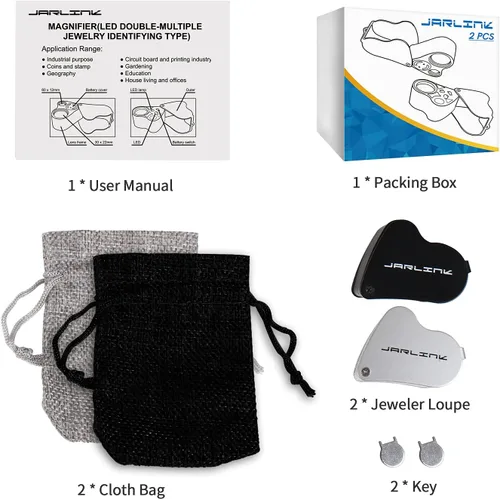 Miniatura 7 de JARLINK Paquete de 2 lupas de joyería iluminadas de 30 x 60 X, lupa plegable para joyería con luz LED brillante para gemas, joyas, monedas, sellos