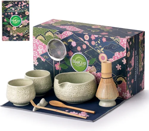 Buucup Juego de batidor matcha, 10 piezas incluye juego de matcha, tazón de matcha, 2 tazas, batidor de matcha y soporte, cuchara y cuchara de