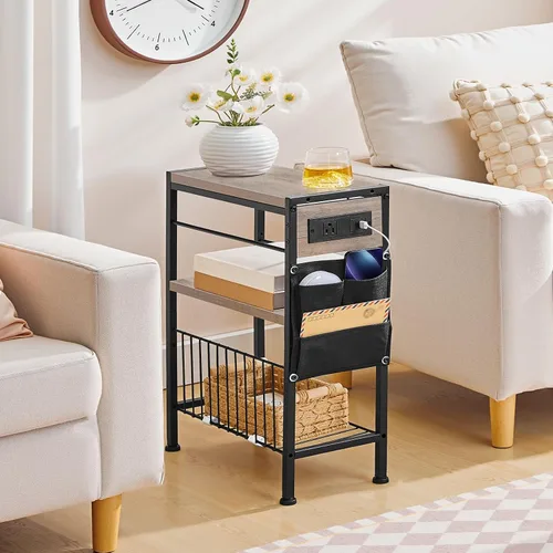 Miniatura 2 de HOOBRO Mesa auxiliar con estación de carga, mesa auxiliar pequeña con soporte para revistas, mesita de noche, estante de almacenamiento de 3 niveles