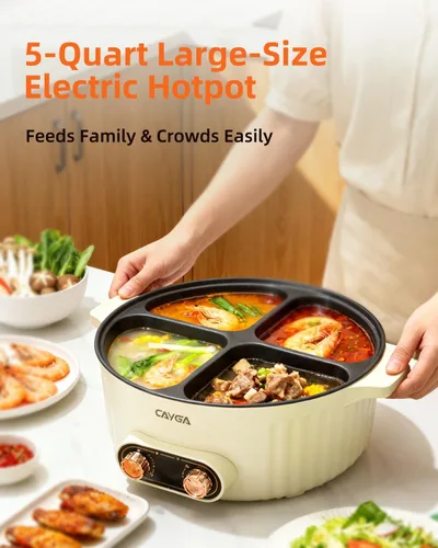 Miniatura 3 de Olla eléctrica con divisor, olla de 4 compartimentos, olla Shabu Shabu Shabu eléctrica de 2000 W con antiadherente, ollas calientes de 5 cuartos