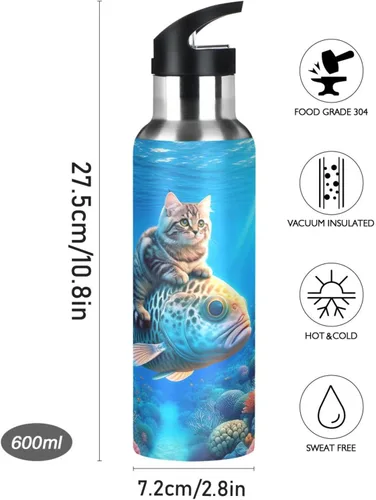 Miniatura 9 de Stainless Steel Water Bottle 20 Oz, Leakproof Water Bottles for Gym Outdoor Travel School, Cute Cat Fish Blue