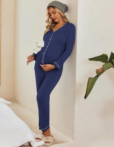 Miniatura 4 de Ekouaer Conjunto de pijama de maternidad con botones, ropa de dormir de manga larga para lactancia materna con pantalones ajustables